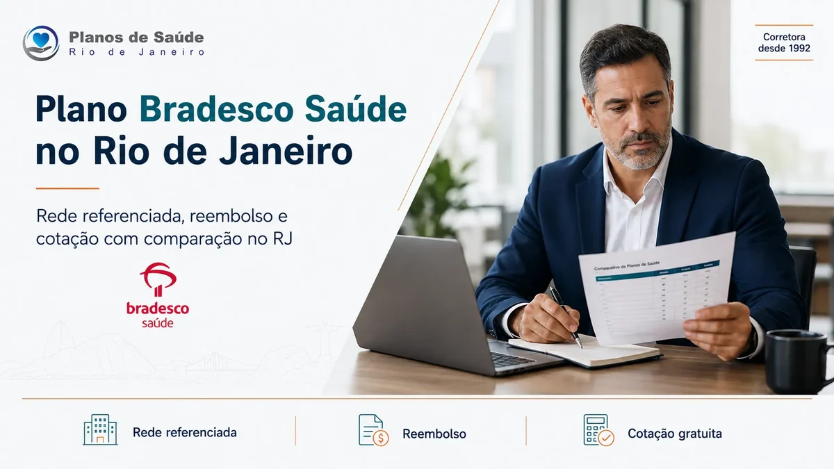 Executivo comparando proposta de plano de saúde Bradesco Saúde no Rio de Janeiro com apoio de corretora