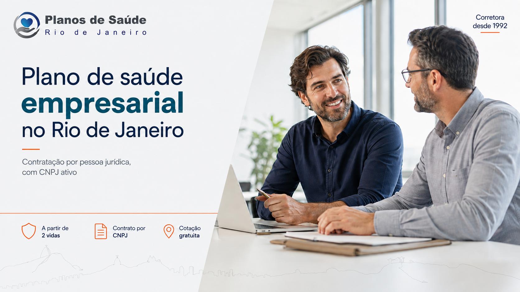 Empresário e corretor analisando proposta de plano de saúde empresarial por CNPJ no Rio de Janeiro