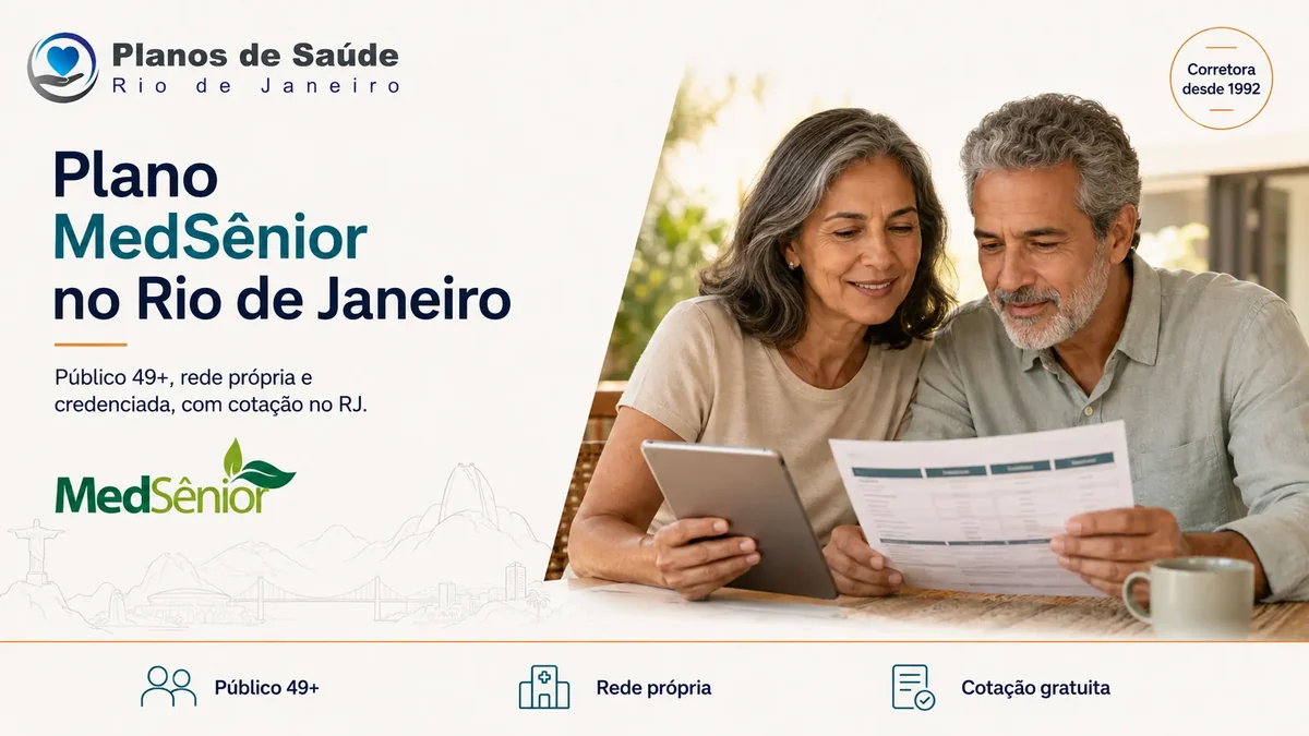 Casal sênior comparando tabela de plano de saúde MedSênior no Rio de Janeiro com apoio de corretora